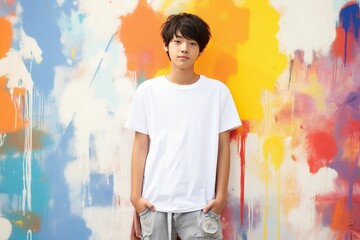 Obraz premium 白いシャツを着て壁の前に立つ日本人の男性（アジア人・ファッションモデル・正面・モックアップ）