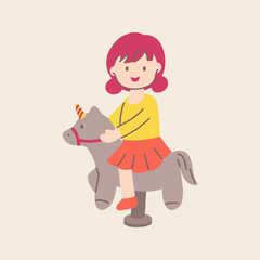 Cute girl riding toy horse, vector doodle illustration