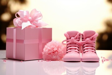Charming gifts, pink baby boots, pacifier, and a white postcard