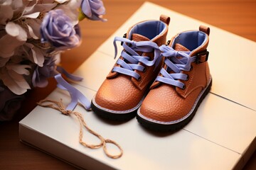 Chic baby boots paired with an open notebook, captured from above