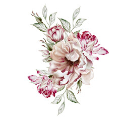 Watercolor bouquet with roses and peony flowers. Illustration