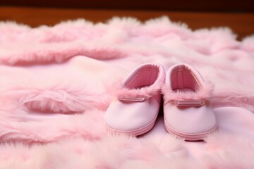 Cute baby slippers, snug in a gentle pink blankets embrace