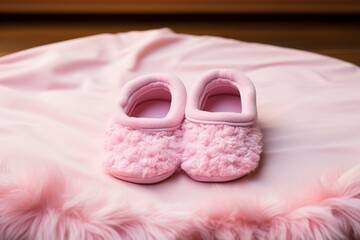 Obraz na płótnie Canvas Cute baby slippers, snug in a gentle pink blankets embrace