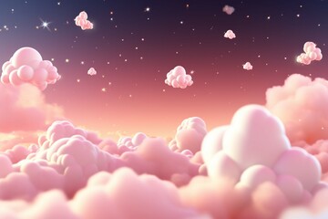 Dreamy 3D scene cartoon pastel pink clouds, studded with golden night stars