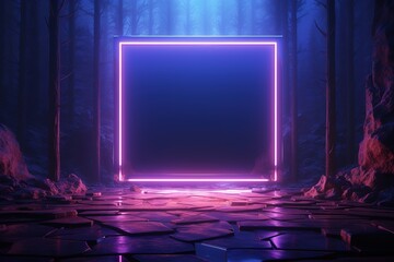 3d render neon abstract background, Futuristic landscape, reflections on the ground, Rectangular blank frame, copy space, Purple pink blue light, virtual reality, laser rectangle