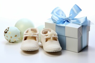 Isolated white composition babys bootees, blank postcard, and a pacifier, perfect gifts