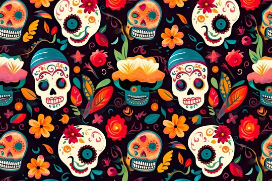 flat design of dia de muertos pattern day of the dead Mexican skulls 