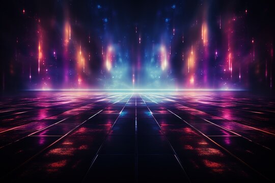 Empty background scene, Dark reflection of the street on the wet asphalt, Rays of blue and red neon light in the dark, neon figures, smoke, Background of empty stage show, Abstract dark background