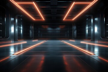 Futuristic Sci Fi White Neon Glowing Line Lights In Empty Dark Room With Concrete Floor WIth Reflections And Empty Space For Text 3D Rendering Illustration