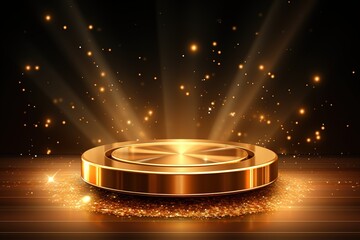 Gold podium for product presentation vector illustration, Abstract empty golden award platform with neon glowing round frame and rays, glitter confetti sparkle rain falling from above background - obrazy, fototapety, plakaty