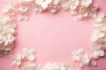 White hydrangea flower frame on a pink backdrop for special occasions