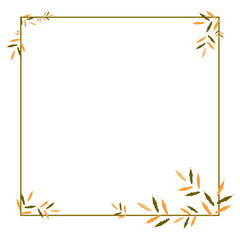 Cute border frame with green, beige, orange jagged decorative plant leaves with copy space on a white background