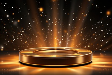 Gold podium for product presentation vector illustration, Abstract empty golden award platform with neon glowing round frame and rays, glitter confetti sparkle rain falling from above background - obrazy, fototapety, plakaty