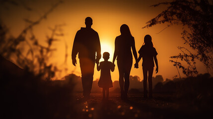 dark silhouette image of a happy family including mother father brother sister . 