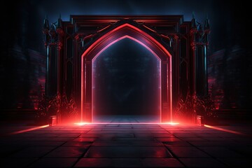 Wide neon glowing gates on dark background, Template for design