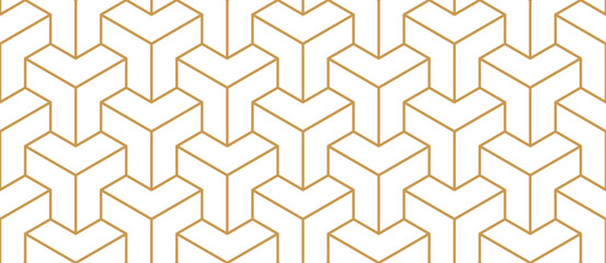 Geometric line tile seamless pattern. Isometric modern cube grid background. White and gold texture. Vintage herringbone wooden floor. Mosaics tile pattern. Vector illustration on white background.