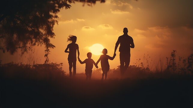 dark silhouette image of a happy family running . 