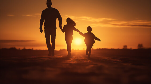 dark silhouette image of a happy family running . 