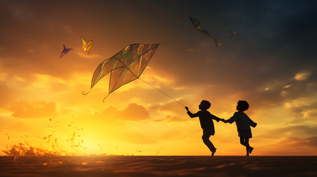 dark silhouette image of a kids flying a kite . 