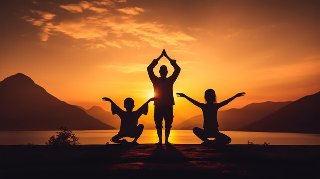 dark silhouette image of a happy family doing yoga . 