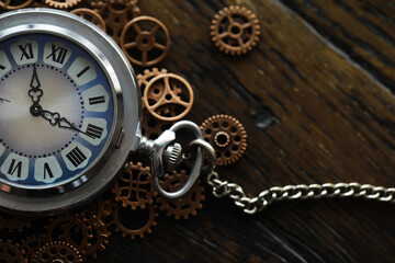 Fototapeta premium Old clock macro. Closeup of gears from clock works. rusty mechanism in the old clock