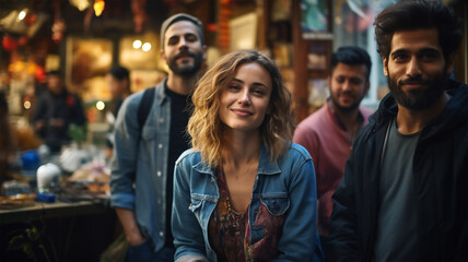 Smiling blonde woman sitting in foreground with three standing friends of different races enjoying outdoors. Group of smiling young people - obrazy, fototapety, plakaty