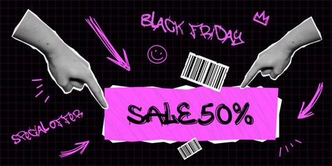 Vector black friday banner with halftone hands and pink graffiti. Special offer sale banner with halftone collage elements. Trendy template. Modern punk background with graffiti and halftone hands.
