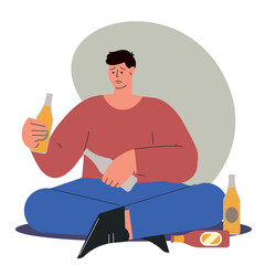 Alcoholism problem vector illustration. Man with substance abuse issue.Alcoholic man flat characters on flat background. Bad habit colourful scene. Vector illustration