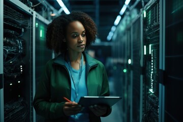 Young African American woman with a tablet computer stands in the middle of a server room. Collection and storage of large amounts of data. Checks the operation of servers and automation.