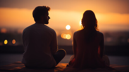 dark silhouette image of a lovely couple meditate together . 