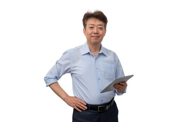 Portrait of a middle-aged Asian male businessman in his 50s wearing a blue shirt