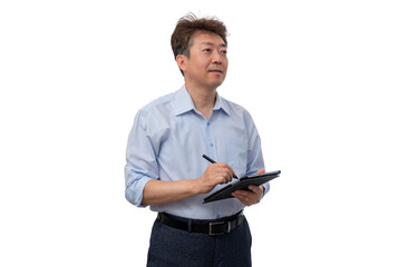 Portrait of a middle-aged Asian male businessman in his 50s wearing a blue shirt