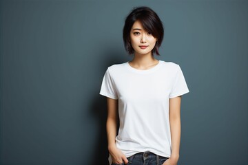 白いシャツを着て壁の前に立つ日本人の女性（アジア人・ファッションモデル・正面・モックアップ）