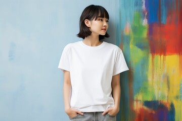 白いシャツを着て壁の前に立つ日本人の女性（アジア人・ファッションモデル・正面・モックアップ）