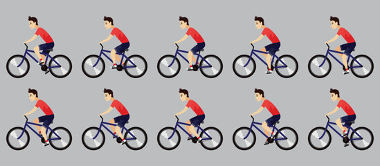 Cycling or riding animation icon set. Sprite sheet of cycling. Animation for game or cartoon. Young man on bike. Vector illustration