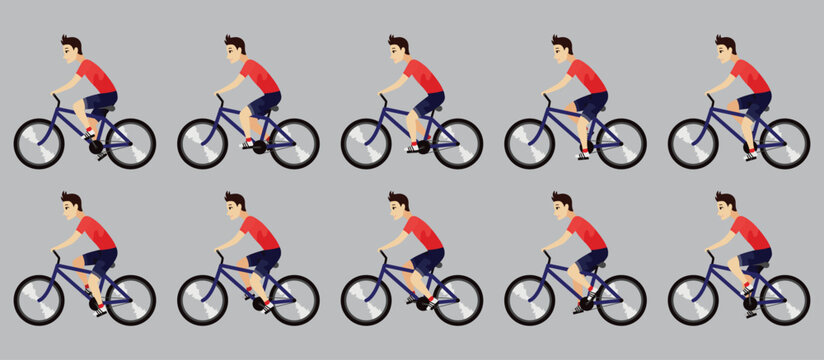 Cycling or riding animation icon set. Sprite sheet of cycling. Animation for game or cartoon. Young man on bike. Vector illustration