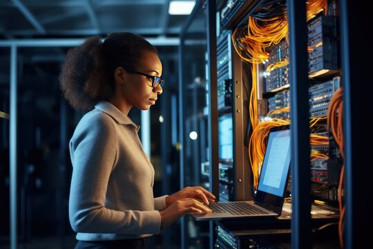 African American woman with laptop stands in the middle of a server room. Collection and storage of large amounts of data. Checks the operation of servers and automation.