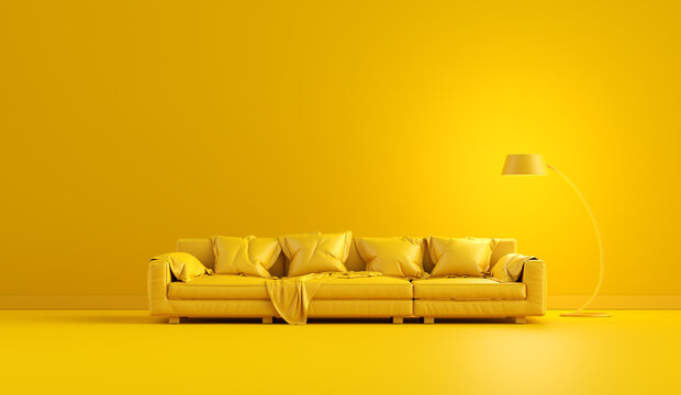Yellow monochrome interior with modern leather sofa and a floor lamp with copy space.