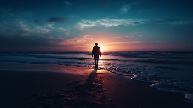 dark silhouette image of a men go for a walk on a beach . 