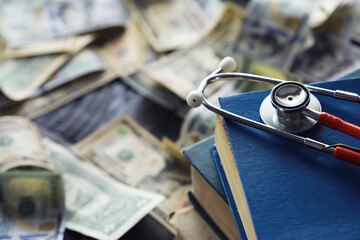 Financial analysis, auditing or business concept. Symbolic image of US Dollar banknotes with...