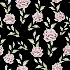 Watercolor seamless pattern with roses flowers. Illustration