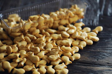 Closeup view of fish shaped crackers