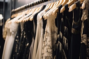 A fashion boutique displays a collection of luxurious evening dresses on hangers.