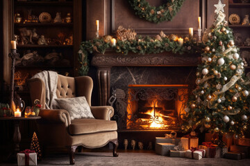 Fototapeta na wymiar Christmas interior of a room, living room, with a fireplace, a Christmas tree, an armchair. Happy new year and merry christmas. Celebration atmosphere.