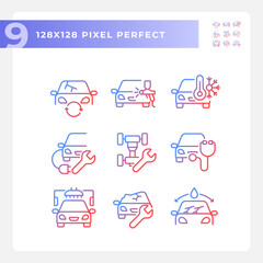 Pixel perfect gradient icons representing car repair and service, thin line illustration set.