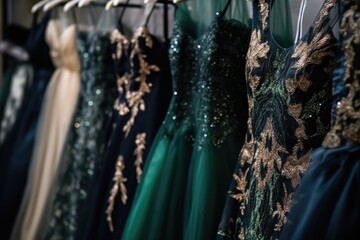 The luxury boutique offers fashionable formal dresses. Elegant dresses in a variety of textures and colors for partygoers, exuding timeless beauty and style.