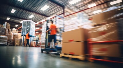 Blurred image of warehouse employees in action moving shipment boxes efficiently
