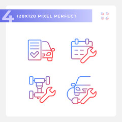 Fototapeta premium 2D pixel perfect set of gradient icons representing car repair and service, thin line illustration.