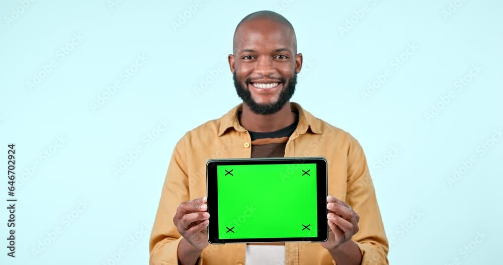 Poster tablet mock up, green screen and a man in studio with website, internet and social network. smile, u