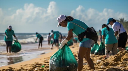 Candid scene of volunteers demonstrating commitment and teamwork while participating in a beach cleanup - obrazy, fototapety, plakaty